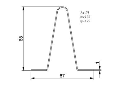 Vindforstærkning H=68, galv stål, L=6520mm